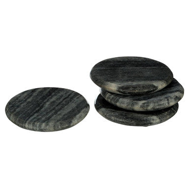 Dark gray marble coasters set of 4 with smooth polished surface and subtle natural striations grey marble round design