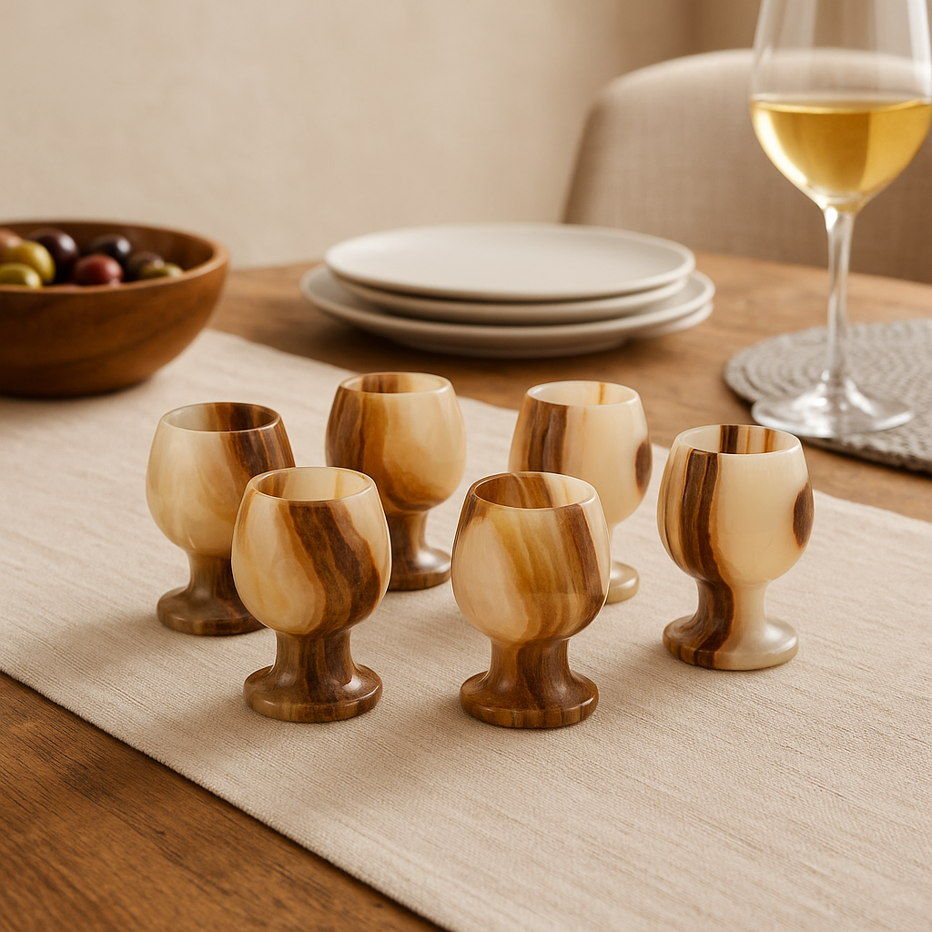Set of six onyx shot glasses from marmore set featuring hand carved brown and cream marble patterns