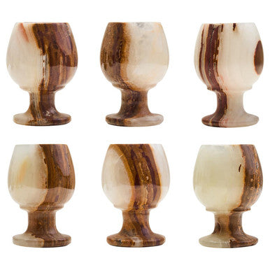 Set of six onyx shot glasses from marmore set with elegant hand carved brown and cream swirl veining