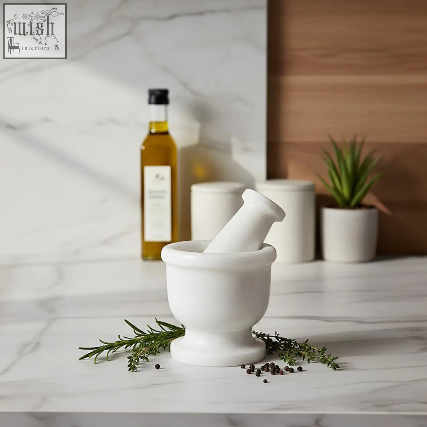 Marmore white marble mortar and pestle set with smooth rounded base and handle made of white marble