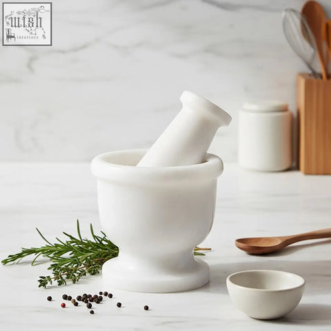 White marble mortar and pestle set made of marmore white marble for grinding spices and herbs