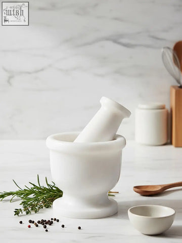 White marble mortar and pestle set made of marmore white marble perfect for grinding spices and herbs