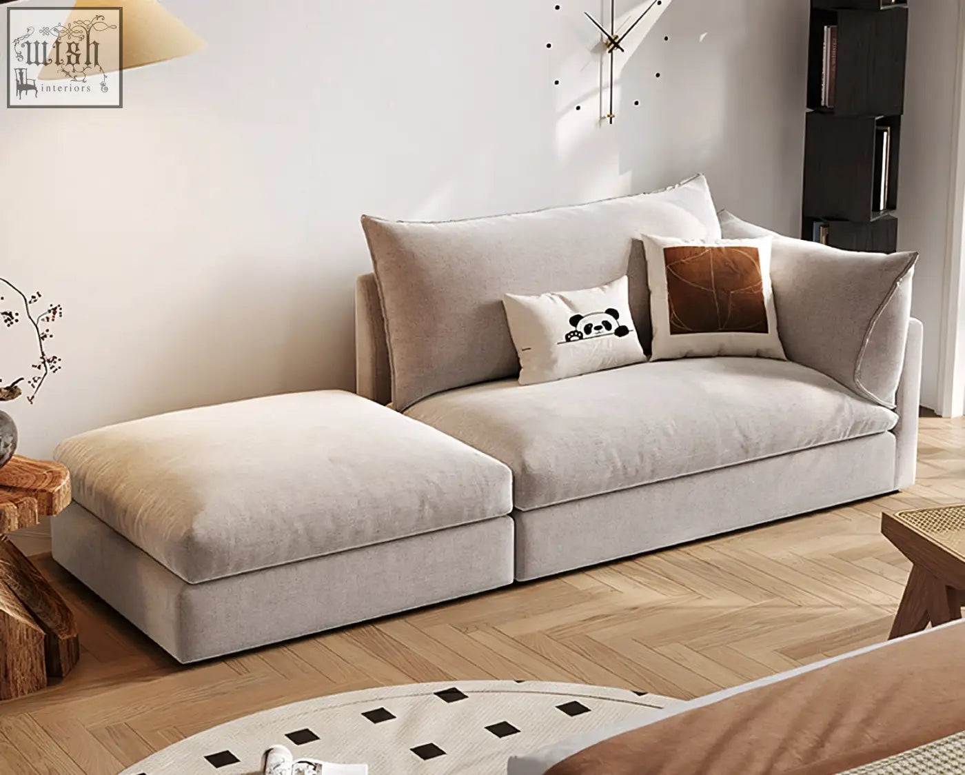 Beige linen marquez two seater sofa with soft cushions and decorative pillows in a cozy sectional chaise lounge setup