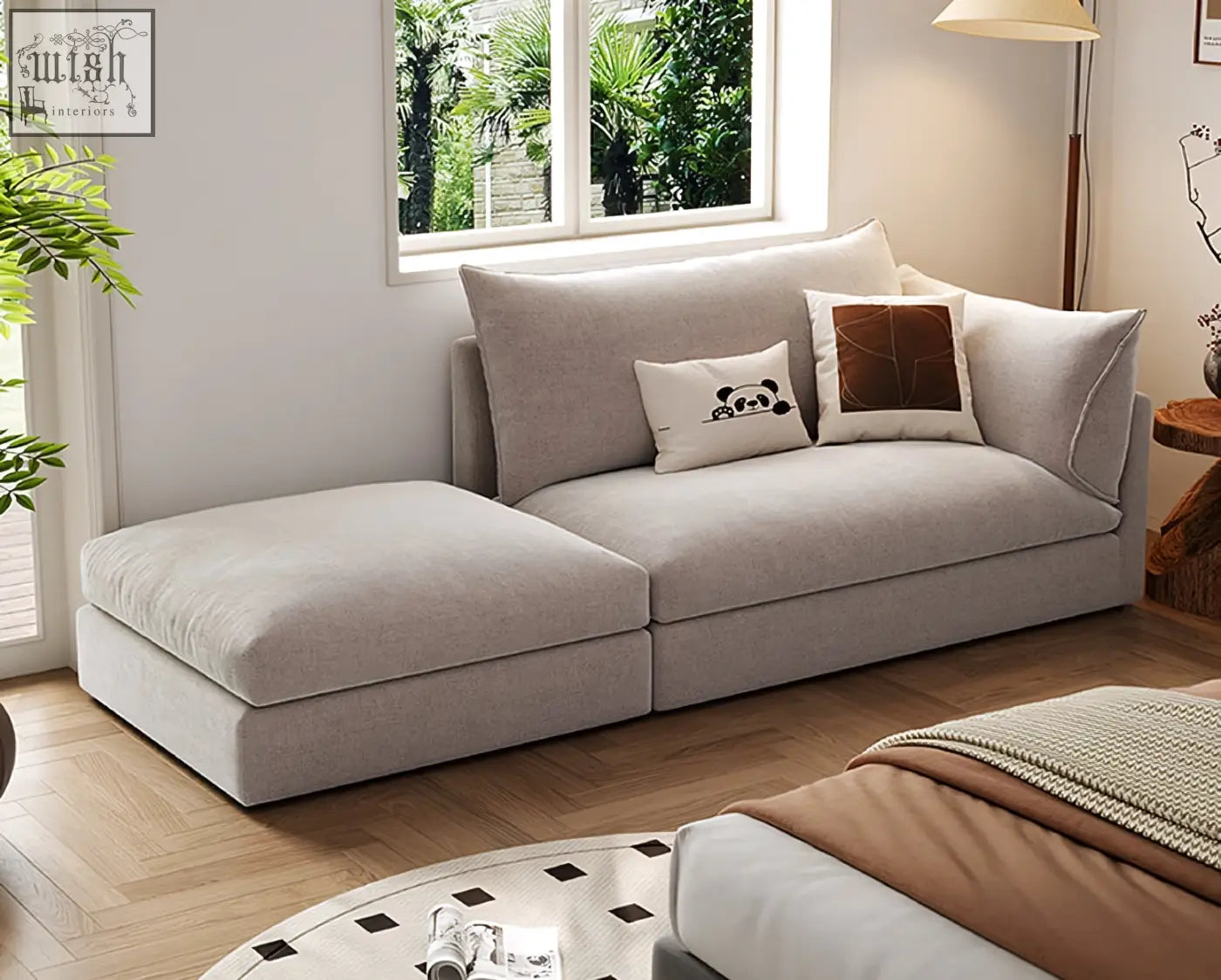 Beige linen marquez two seater sofa with plush cushioned seating and matching chaise lounge for comfy seating