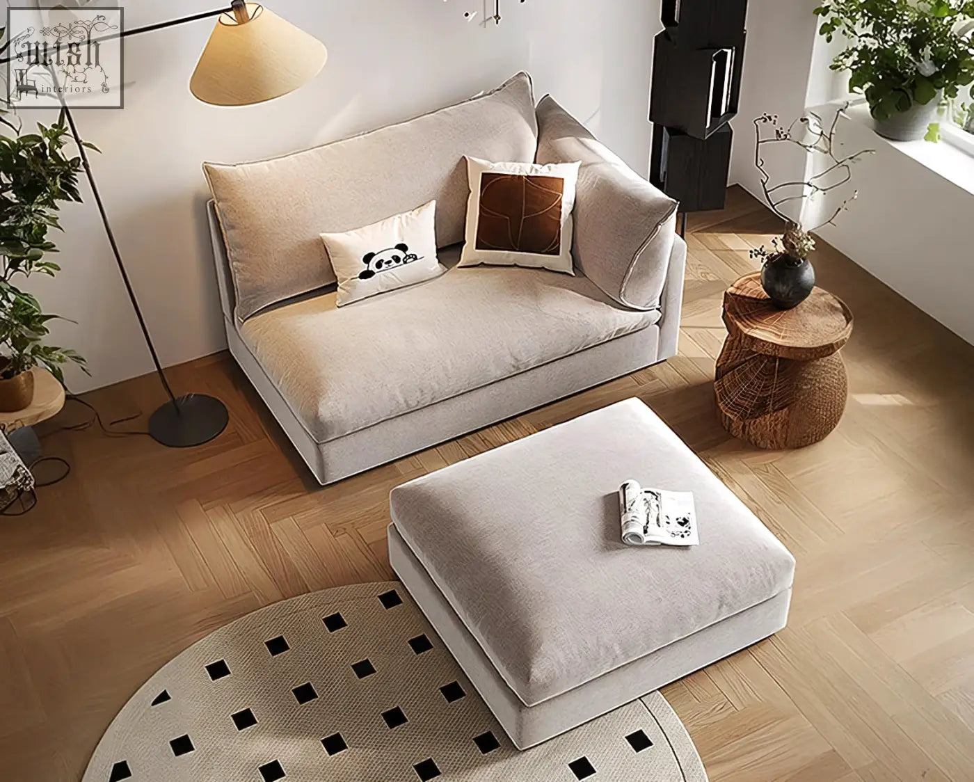 Beige linen marquez two seater sofa with soft plush cushions and panda face decorative pillows perfect two seater sofa