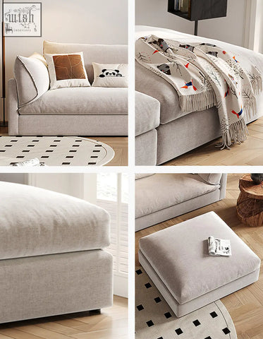Beige upholstered marquez two seater sofa with soft linen fabric and minimalist design two seater sofa