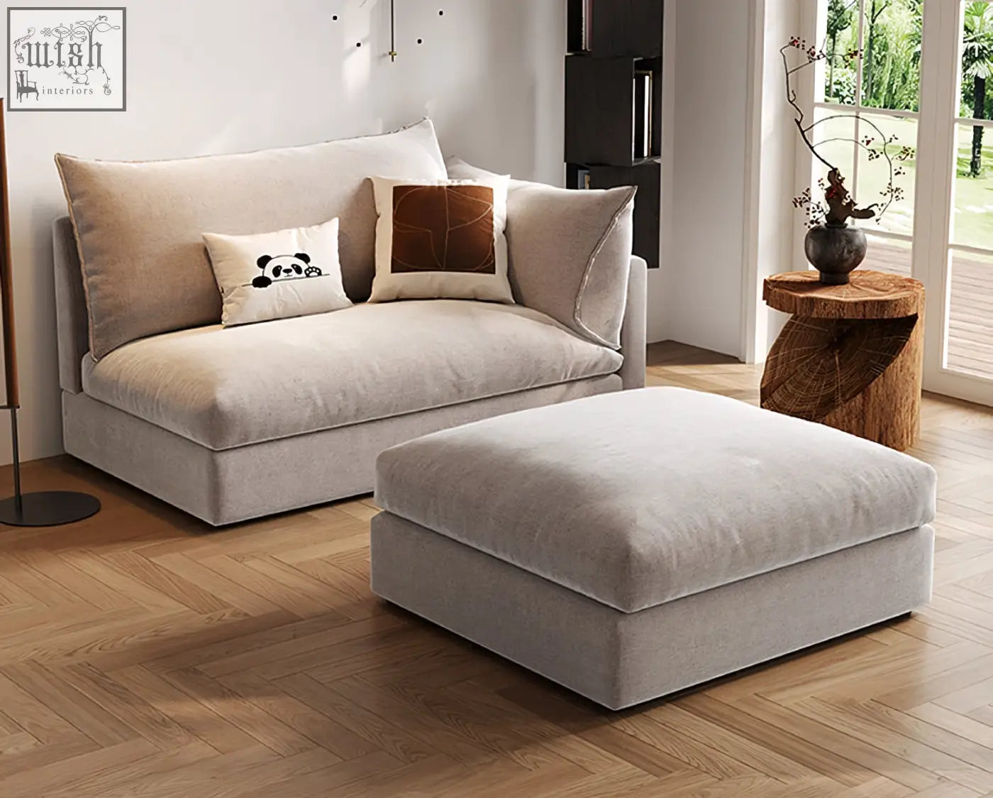Beige velvet marquez two seater sofa with matching ottoman and decorative pillows for cozy seating