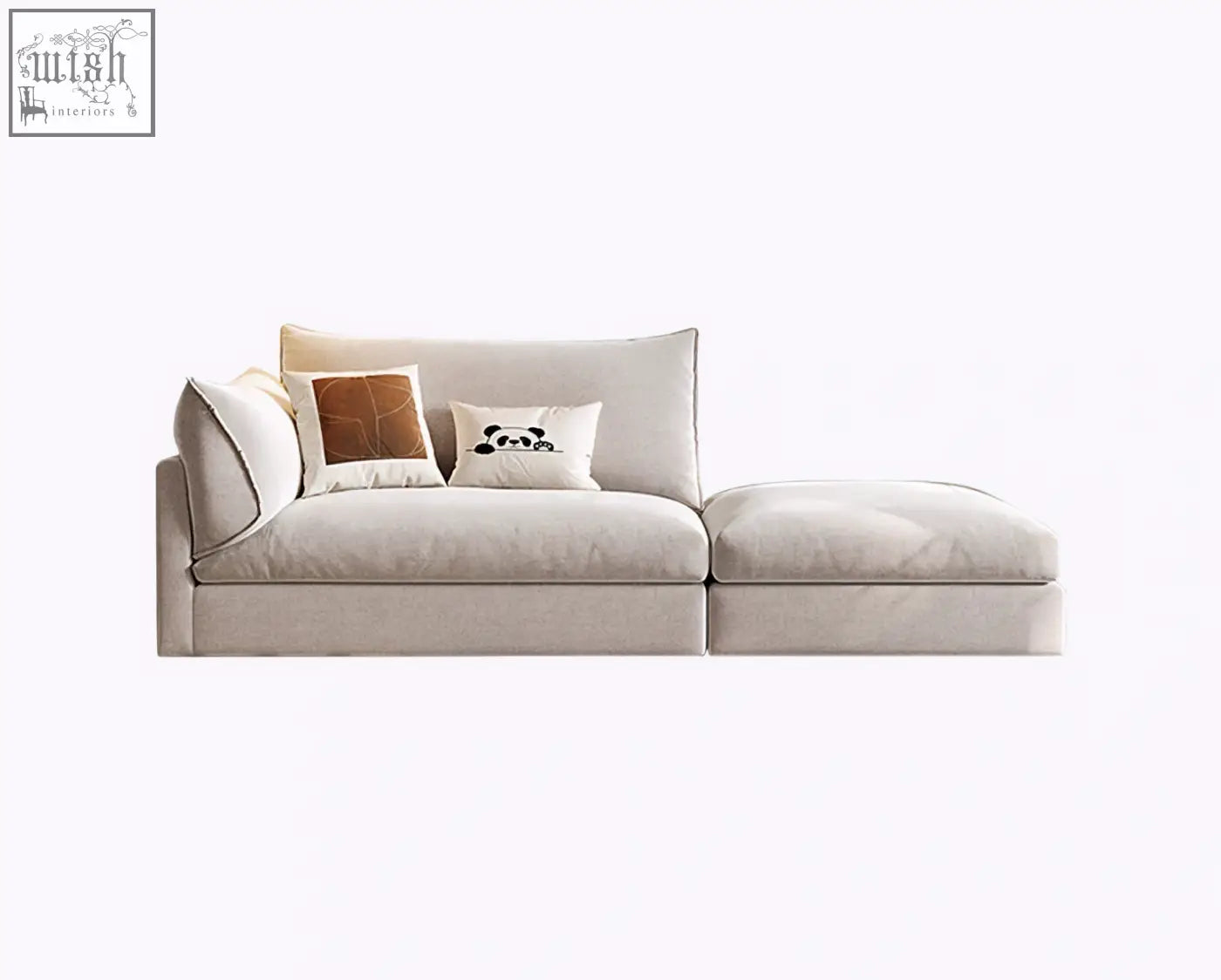 Beige velvet marquez two seater sofa with chaise lounge and three decorative pillows perfect two seater sofa