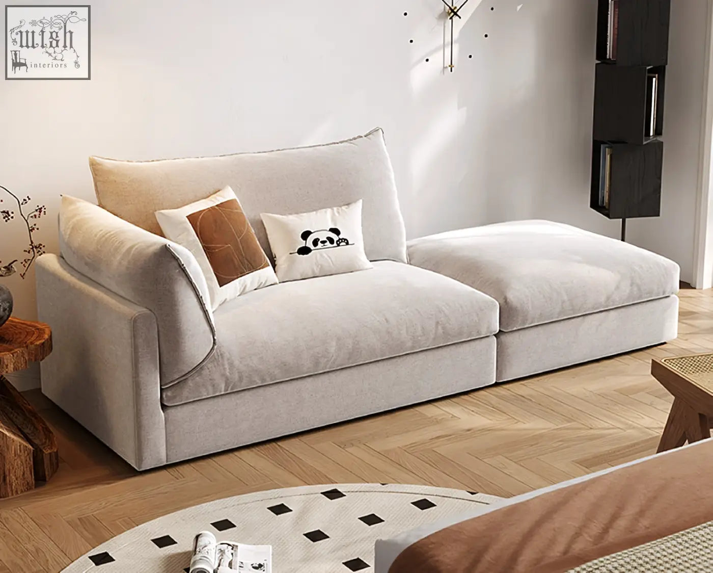 Beige velvet marquez two seater sofa with plush cushions and panda themed accent pillow in linen upholstery