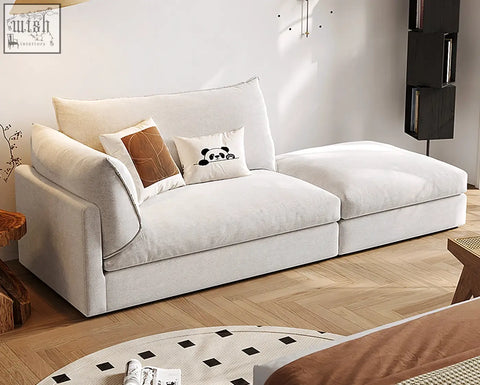 Beige velvet marquez two seater sofa with plush cushions and panda decorative pillows in linen upholstery