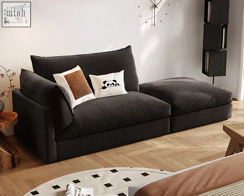 Dark gray velvet marquez two seater sofa with plush cushions and panda decorative pillow two seater sofa