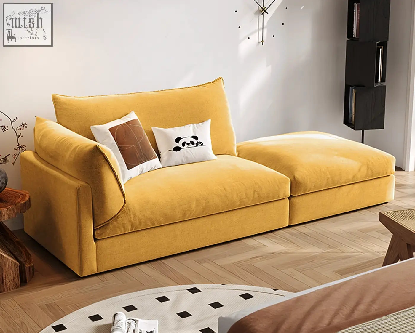 Mustard yellow velvet marquez two seater sofa with plush cushions and decorative pillows for cozy seating