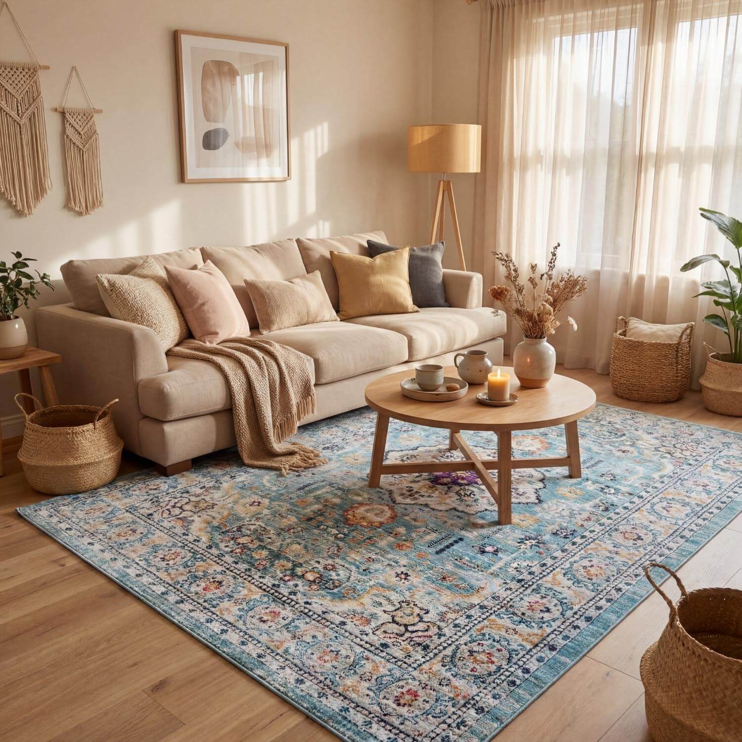 Beige sectional sofa with plush cushions and textured throw blanket in a cozy marrakech vintage living room setup