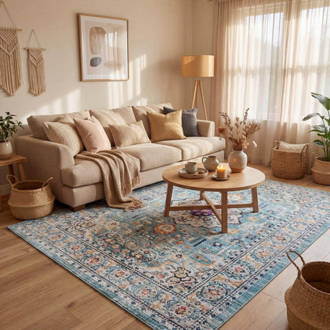Beige sectional sofa with plush cushions and textured throw blanket in a cozy marrakech vintage living room setup