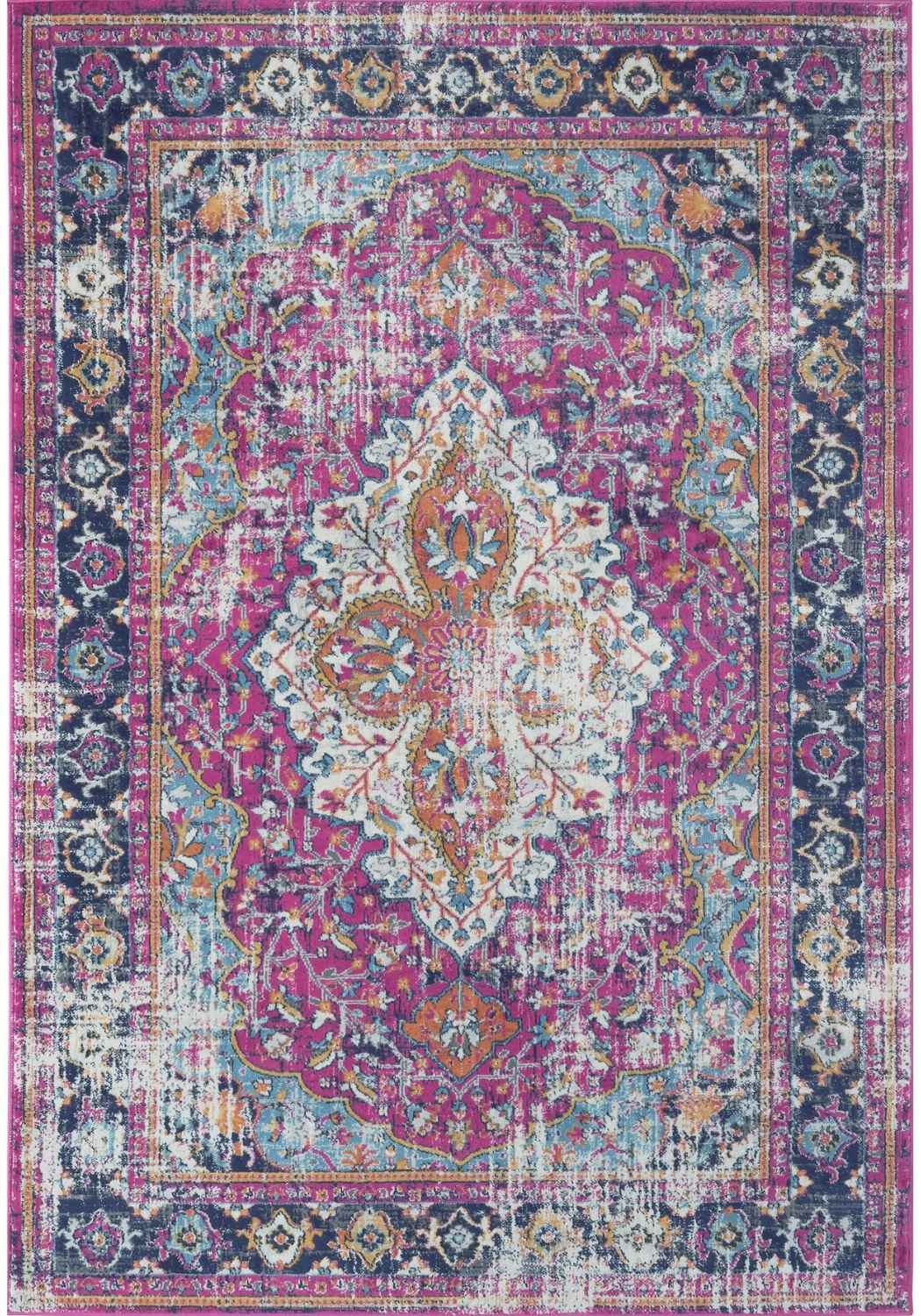 Vibrant pink and teal distressed marrakech vintage rug with intricate floral and geometric patterns in vintage style