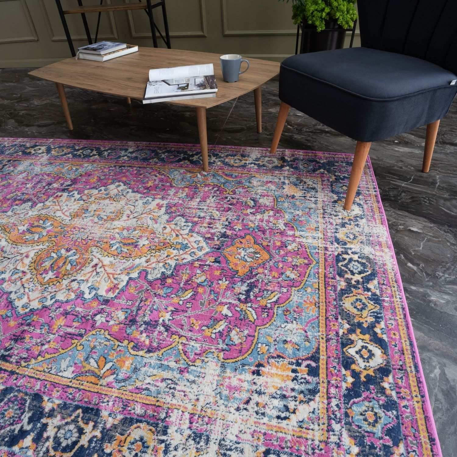 Vibrant pink and navy blue marrakech vintage rug with intricate floral patterns perfect for stylish home decor