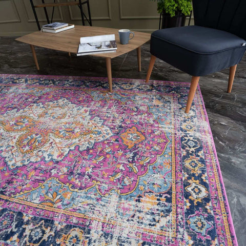 Vibrant pink and navy blue marrakech vintage rug with intricate floral patterns perfect for stylish home decor