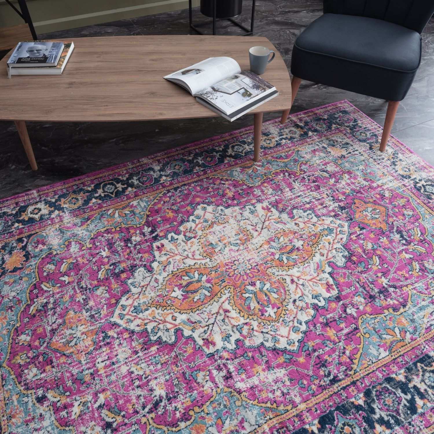 Vibrant pink and teal marrakech vintage area rug with intricate floral patterns perfect for adding color and style