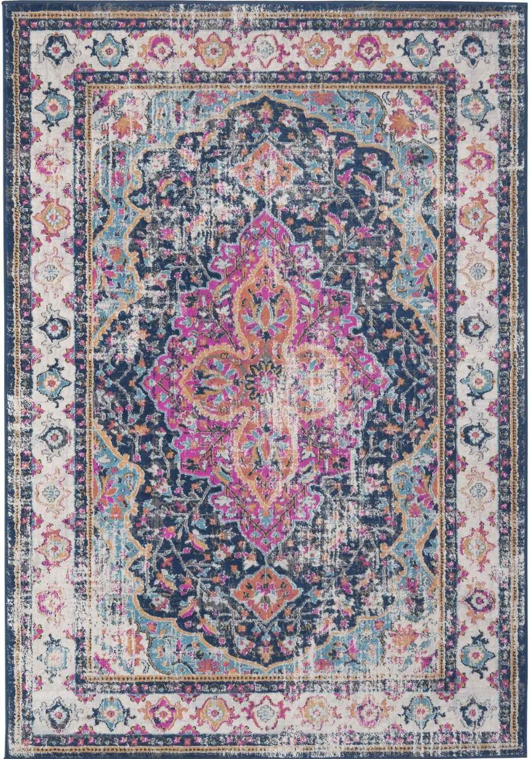Vibrant marrakech vintage rug with distressed medallion design in deep purples pinks on faded blue background