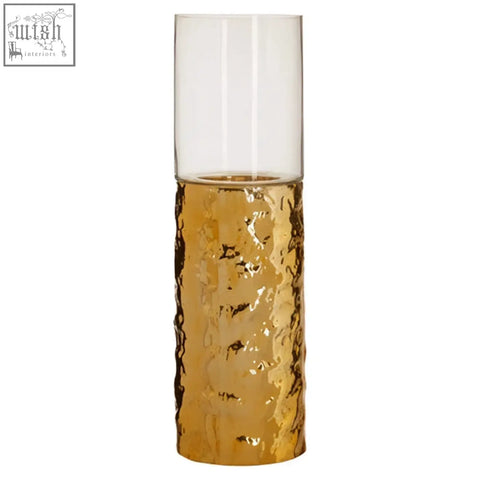Gold hammered cylindrical vase with clear glass top used as a stylish gold candle holder for medium pillar candles