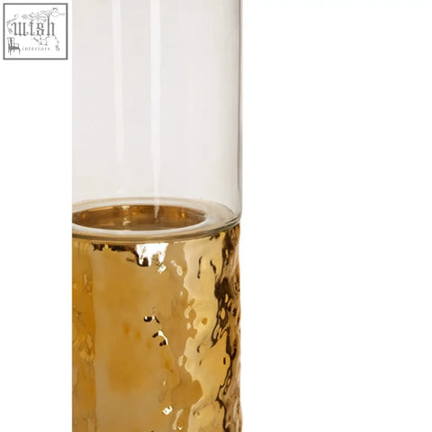 Martele medium piller gold candle holder with tall clear glass and hammered gold base gold candle holder
