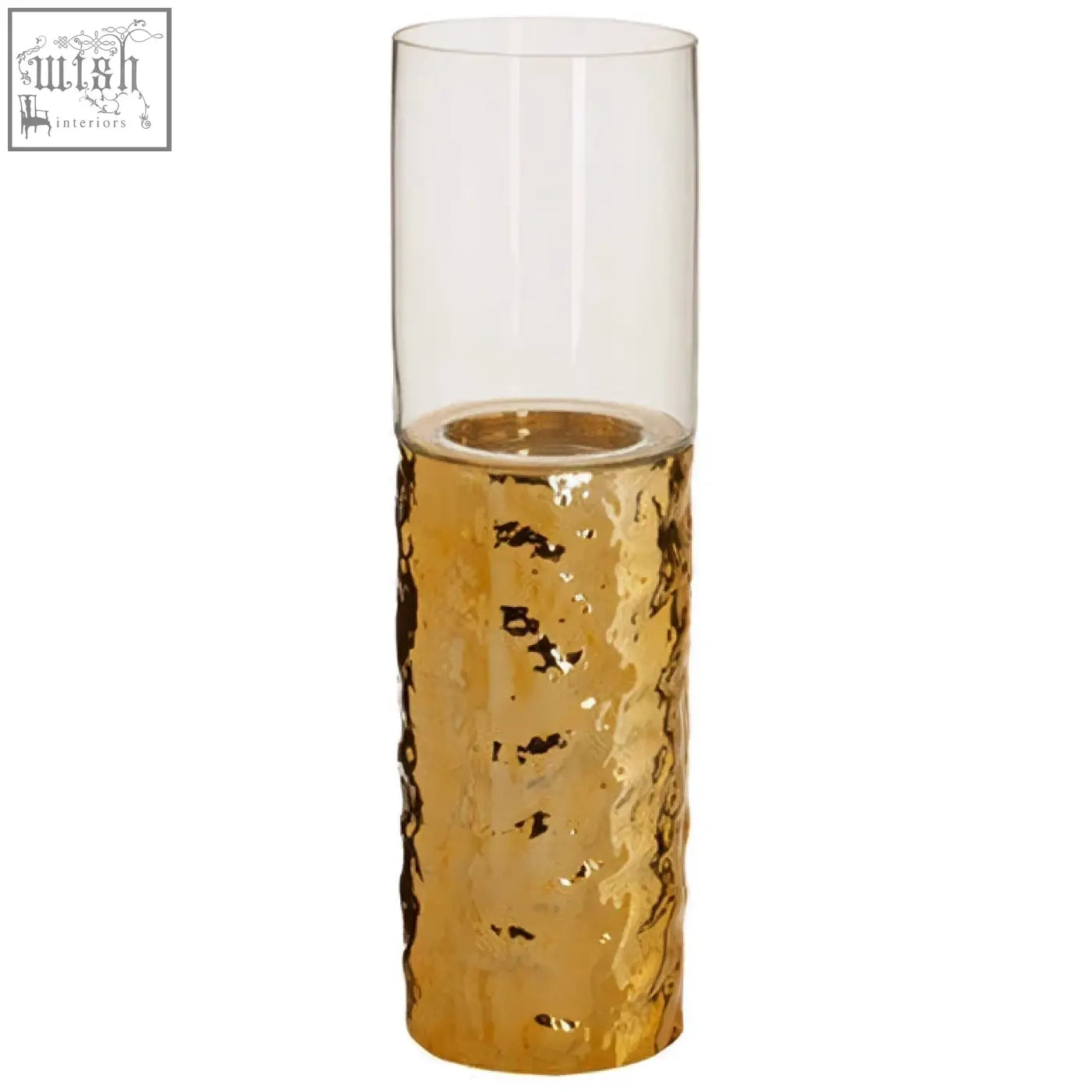 Martele medium piller gold candle holder with gold-toned hammered glass base and clear cylindrical top perfect for gold candles