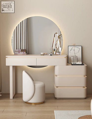 Cream-colored martina dressing table with circular led mirror and painted steel accents perfect for office desk setup