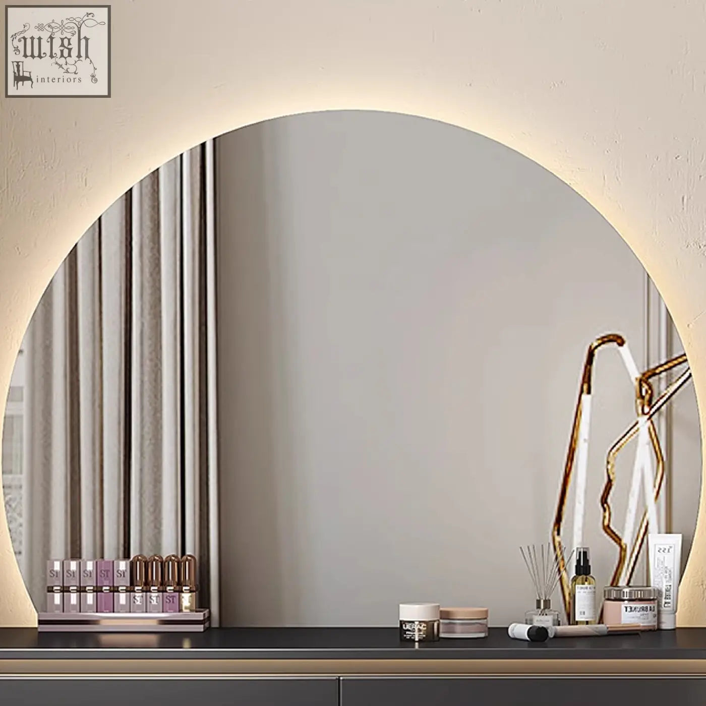 Martina dressing table with black wood and painted steel features a modern circular mirror with warm led light ring ideal for office desk use