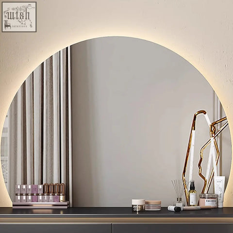Martina dressing table with black wood and painted steel features a modern circular mirror with warm led light ring ideal for office desk use