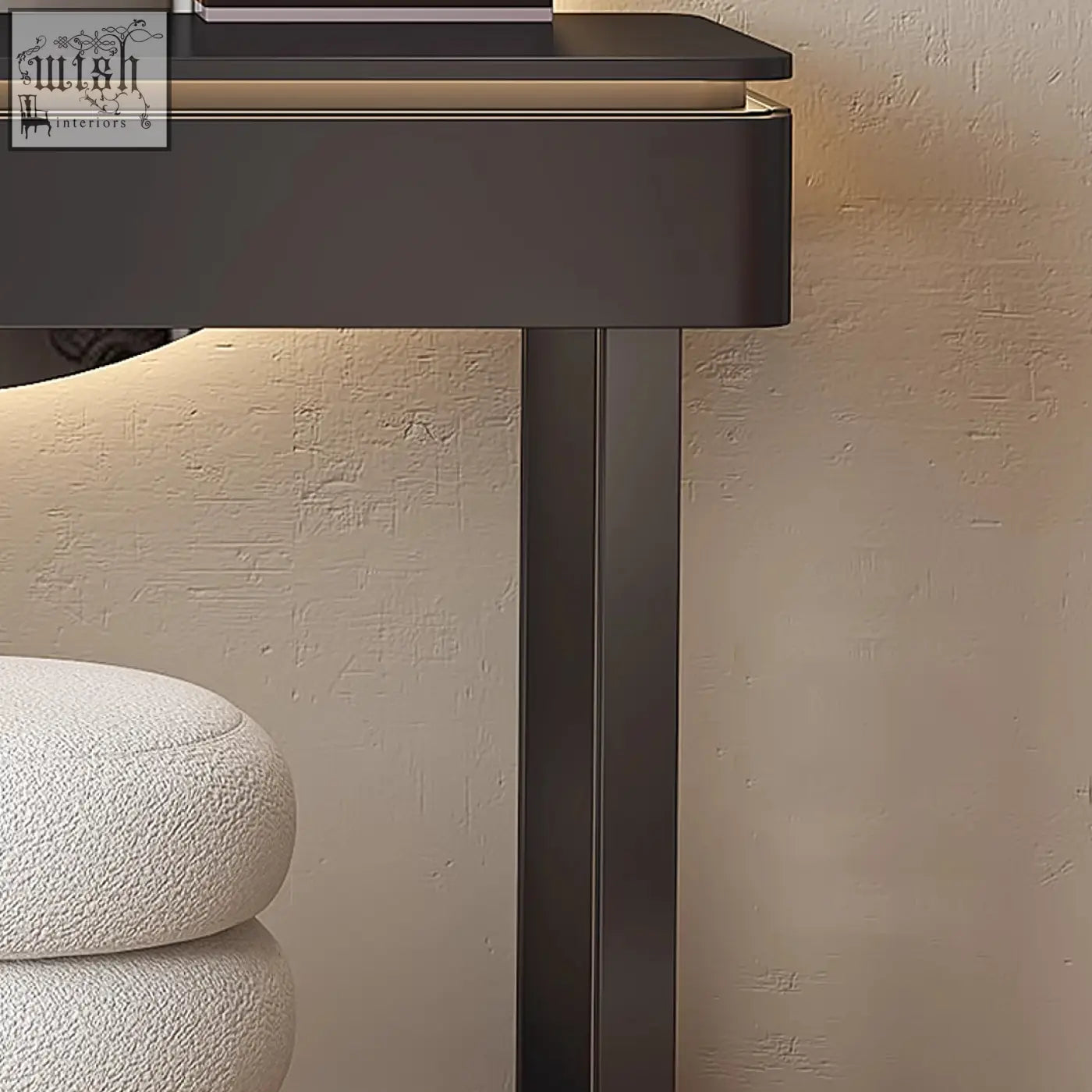 Modern black metal office desk with sleek minimalist design and under-counter lighting in painted steel martina dressing table