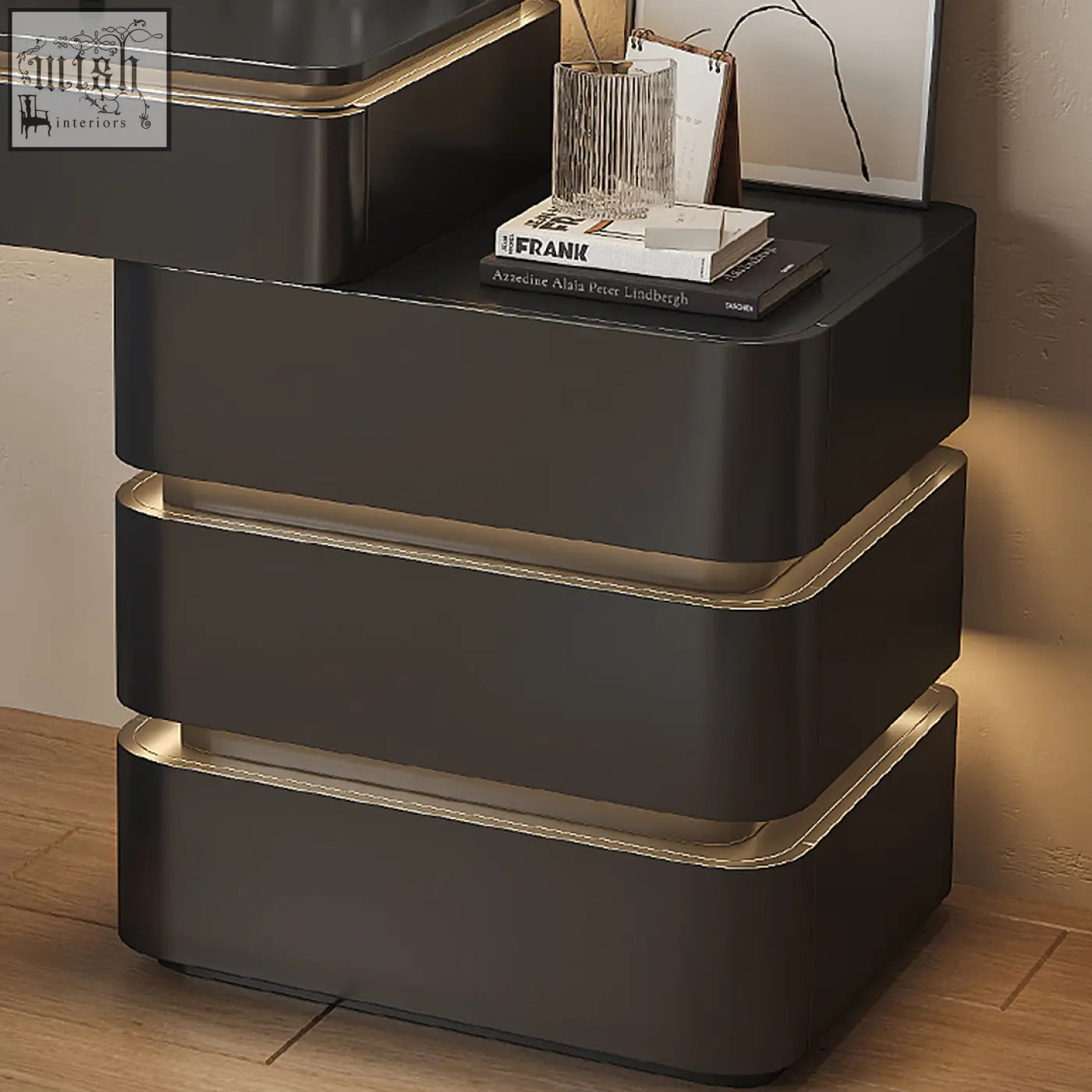 Modern black martina dressing table nightstand with sleek gold trim led lighting and painted steel accents for office desk use