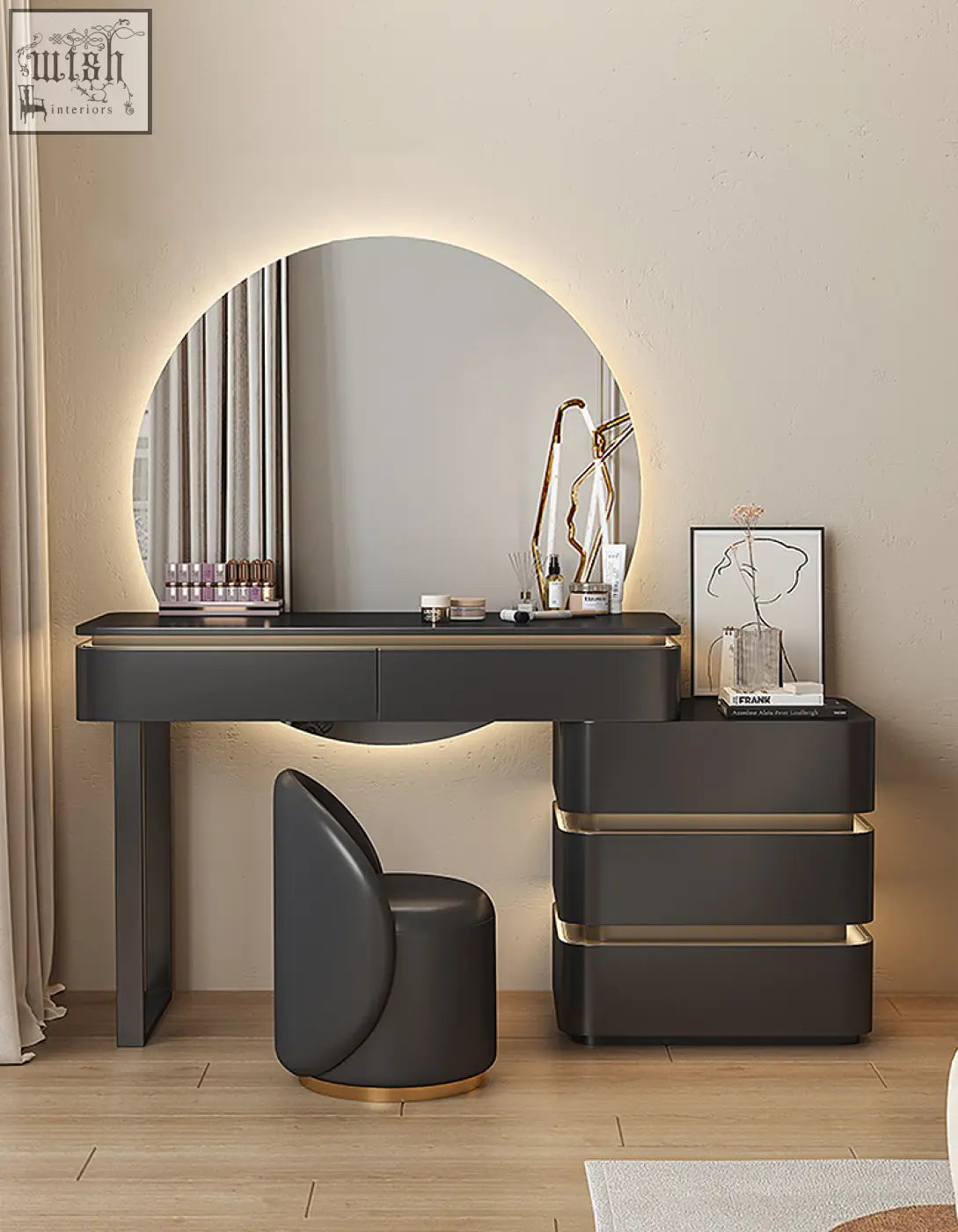 Modern black martina dressing table with gold-trimmed drawers and circular led backlit mirror made of painted steel