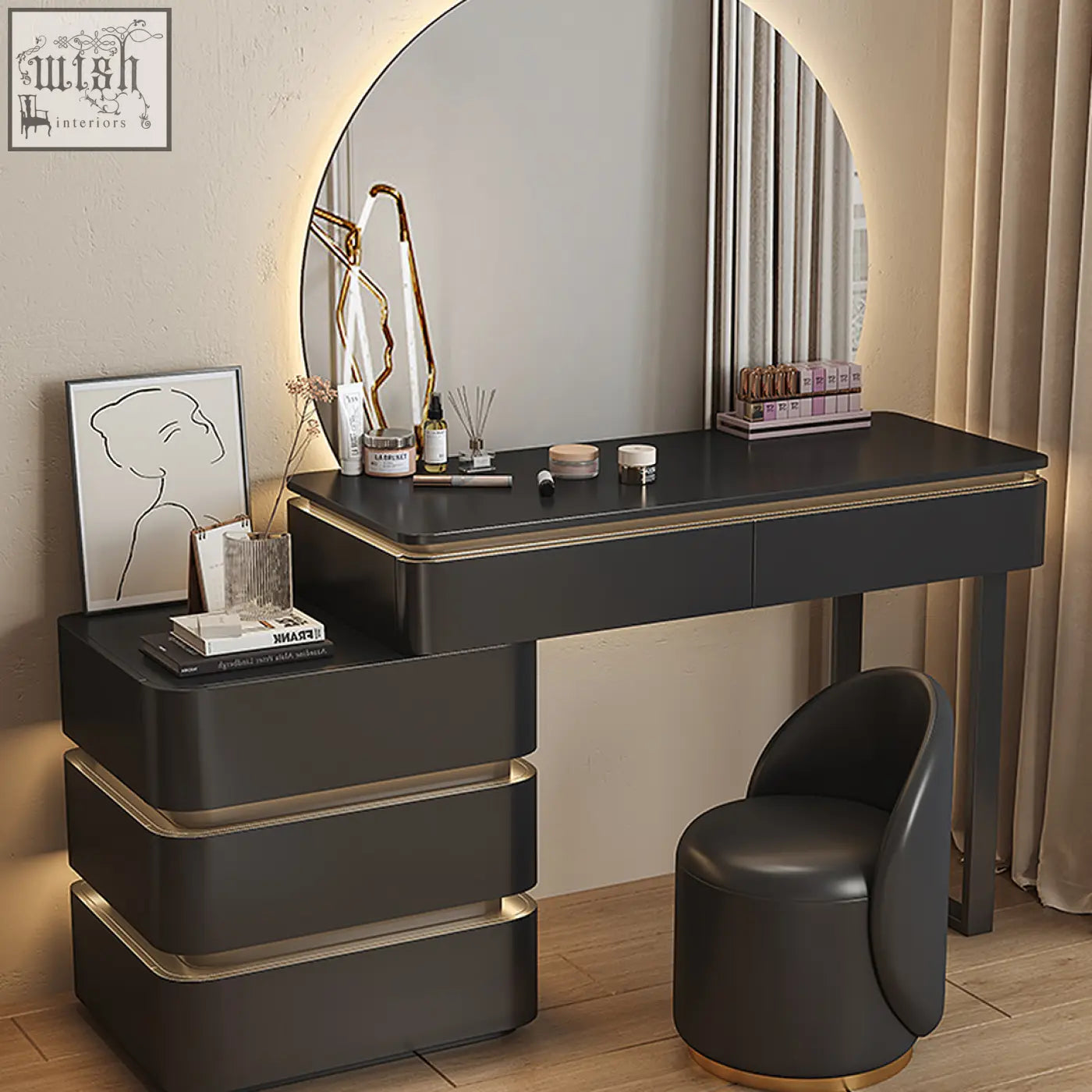 Modern black martina dressing table with gold trim tiered drawers and painted steel round led mirror, perfect office desk