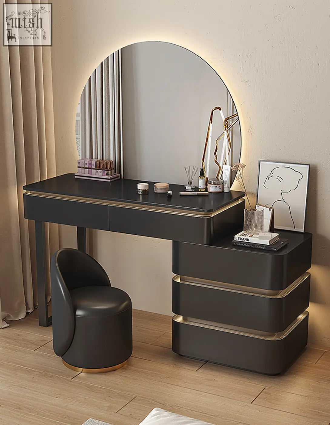 Modern black martina dressing table with painted steel gold-trimmed drawers and a round led office desk mirror