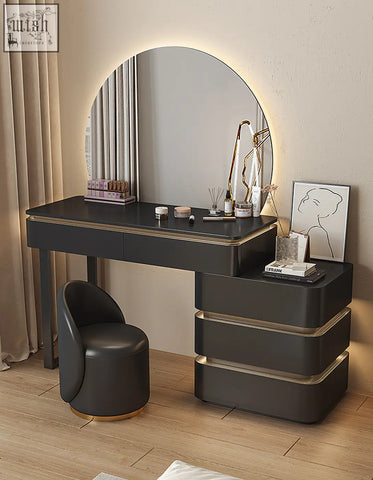 Modern black martina dressing table with painted steel gold-trimmed drawers and a round led office desk mirror