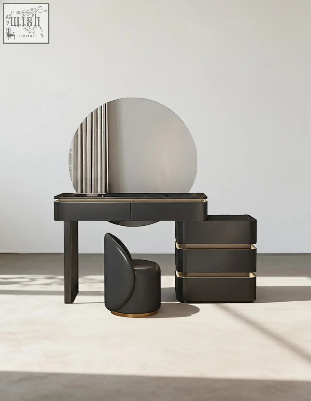 Modern black martina dressing table with gold trimmed painted steel drawers and circular led mirror for office desk use