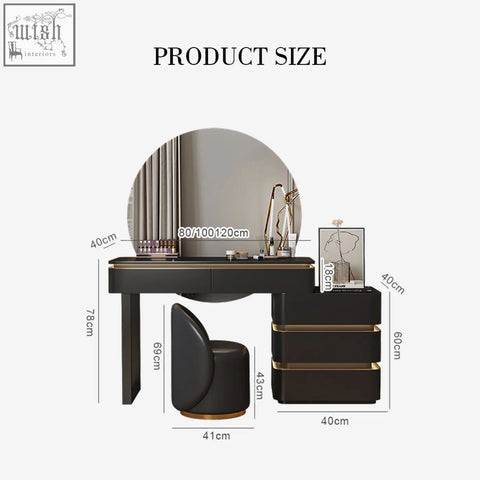 Modern black martina dressing table with gold-trimmed drawers painted steel office desk and round led mirror with stool