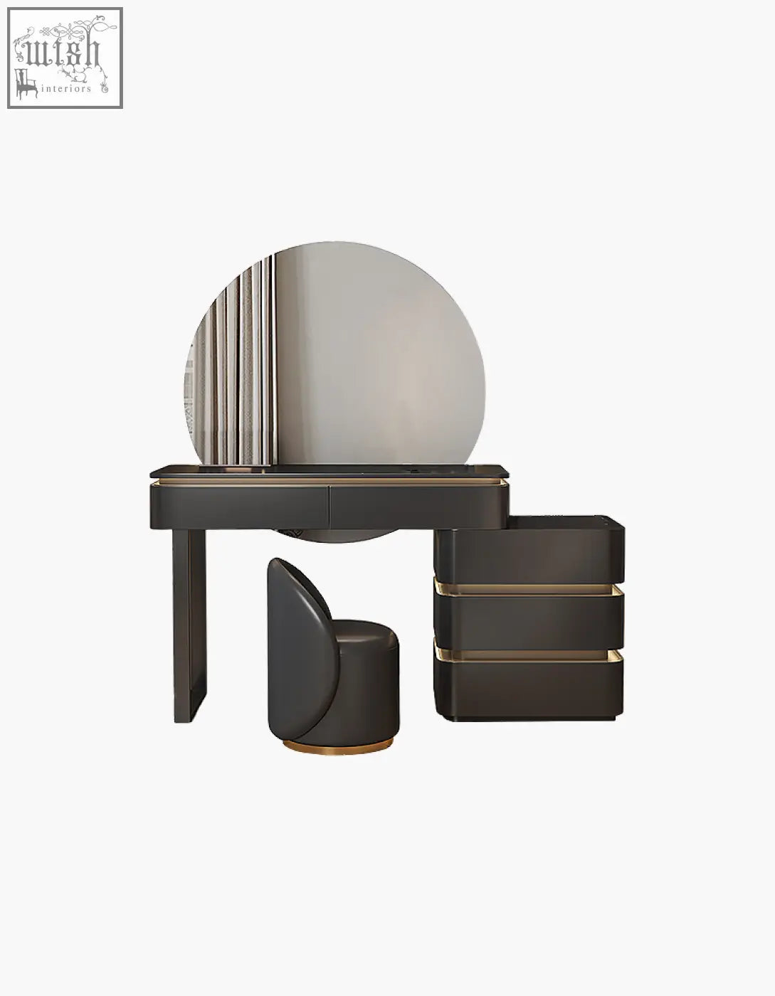 Modern black martina dressing table with gold-trimmed drawers, painted steel details, and matching upholstered stool
