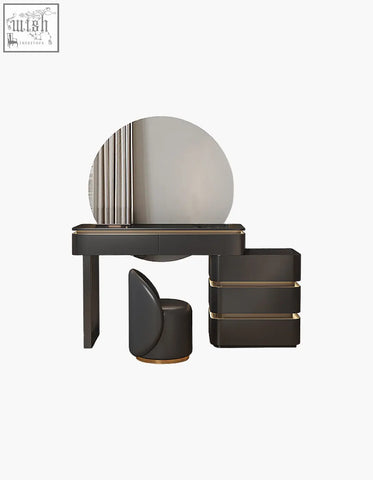 Modern black martina dressing table with gold-trimmed drawers, painted steel details, and matching upholstered stool