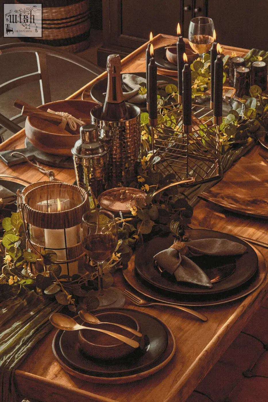 Dark brown ceramic hexagonal candle holder with matte finish paired with gold-toned cutlery for stylish decor