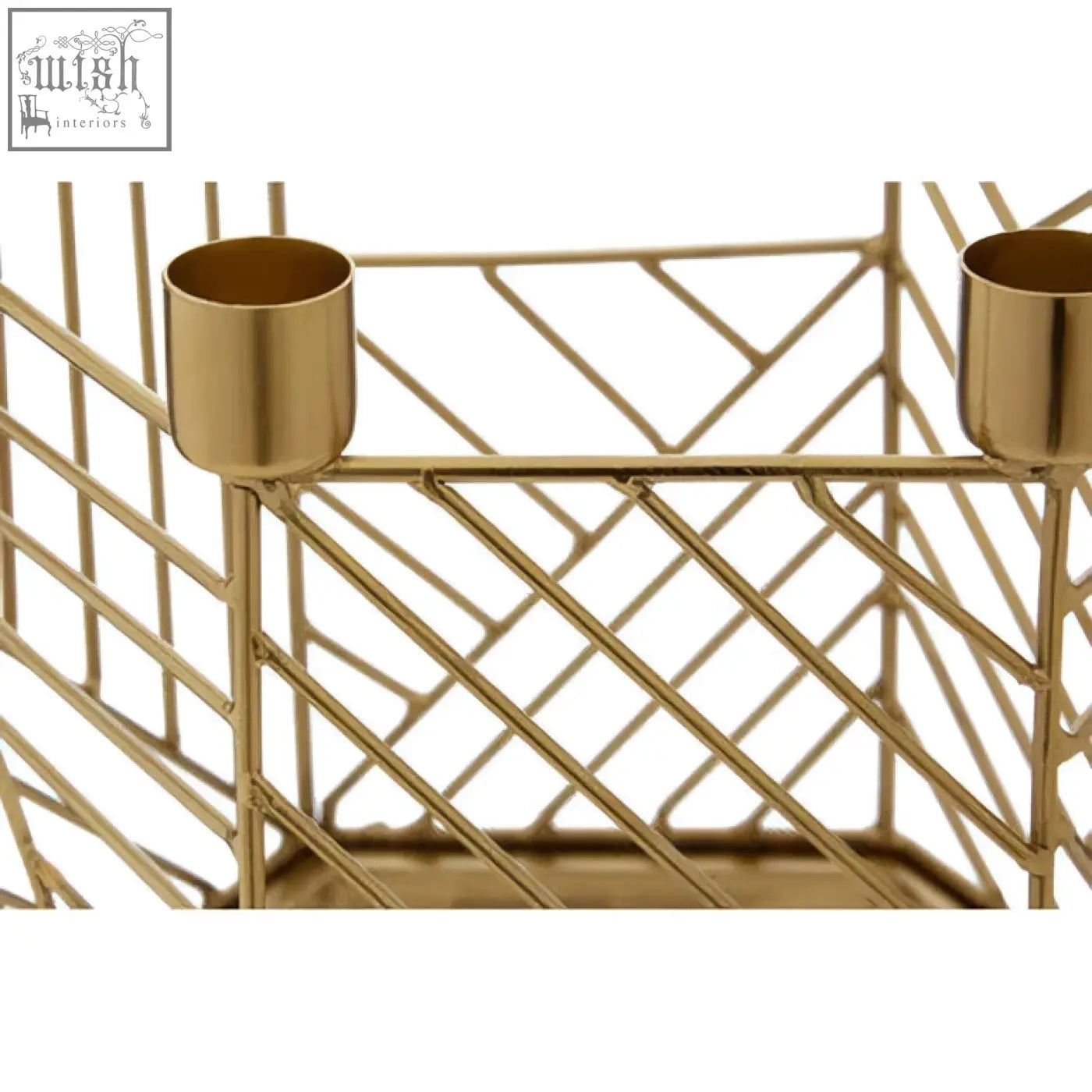 Gold metal hexagonal candle holder with geometric lattice design and two cup holders for hexagonal candles