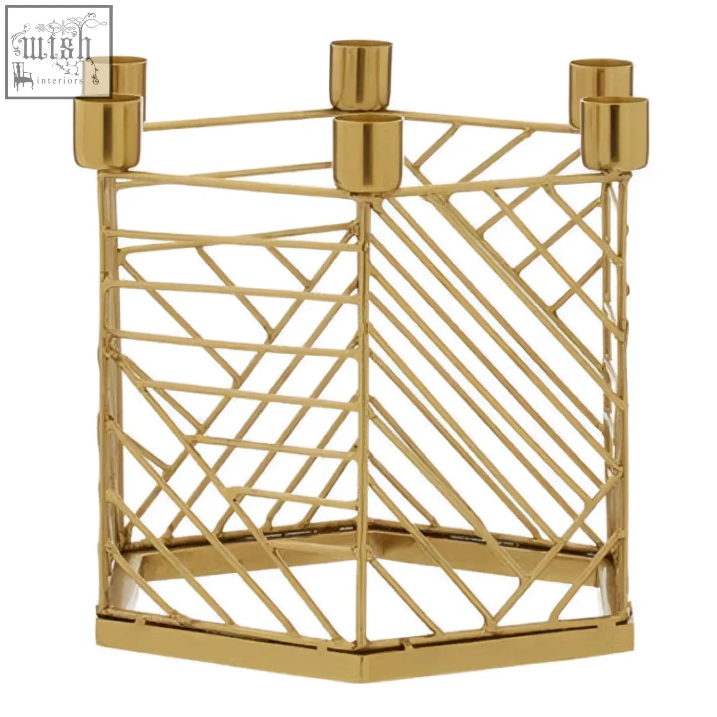Gold-toned hexagonal candle holder with intersecting diagonal lines and six cylindrical cups for candles