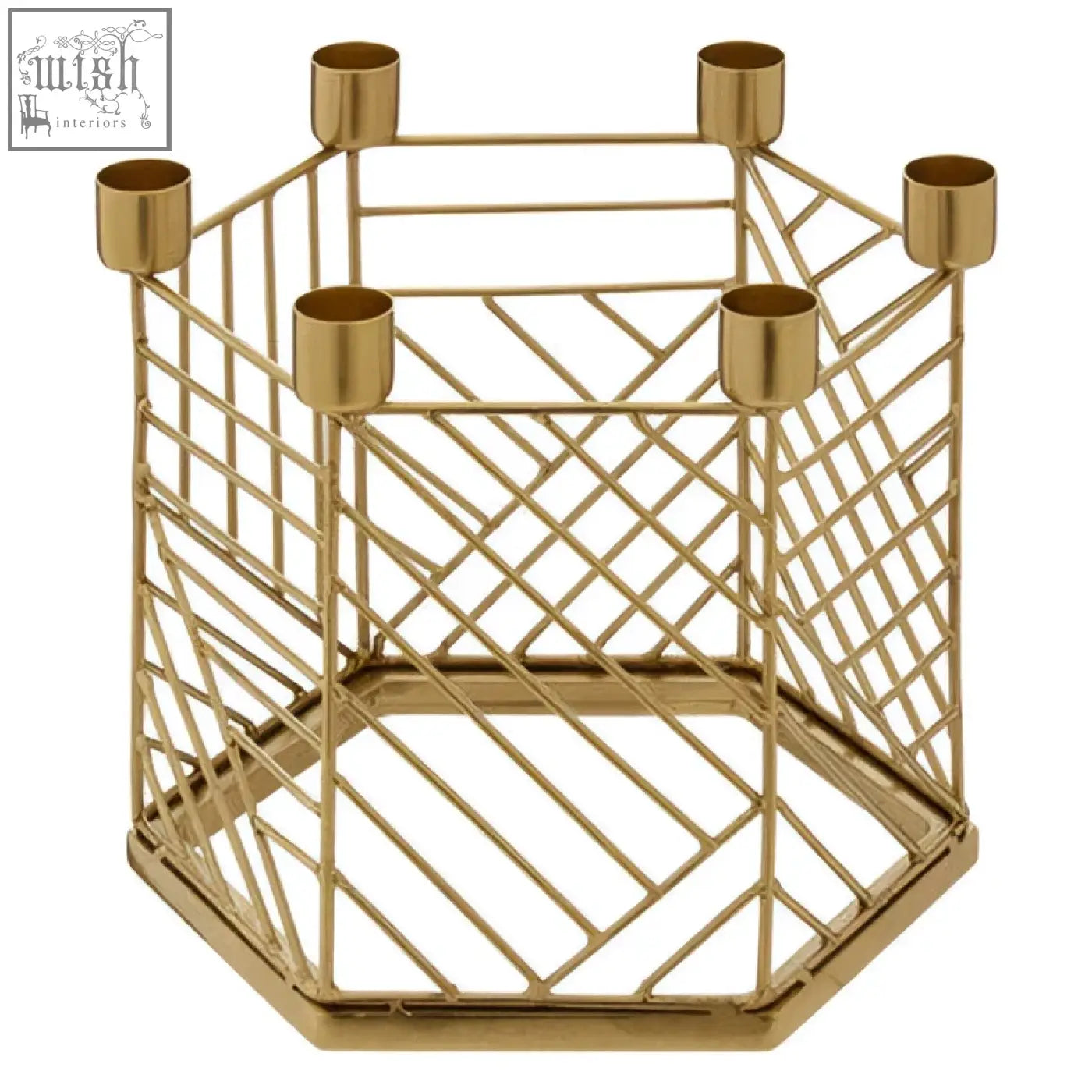 Martina hexagonal candle holder in gold tone with geometric wireframe and six cylindrical cup holders for candles