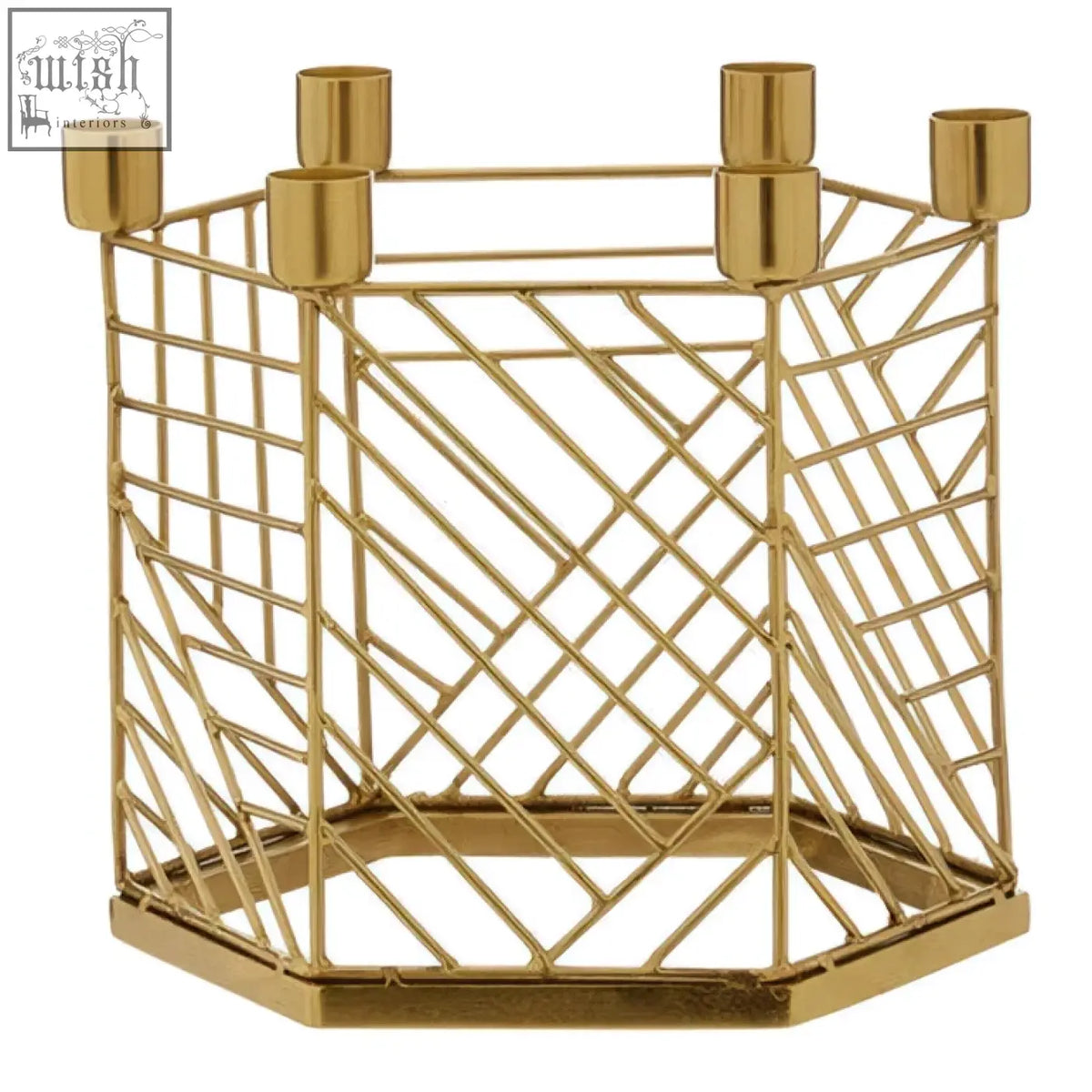 Gold-toned hexagonal candle holder with six cylindrical cups perfect for stylish candle display