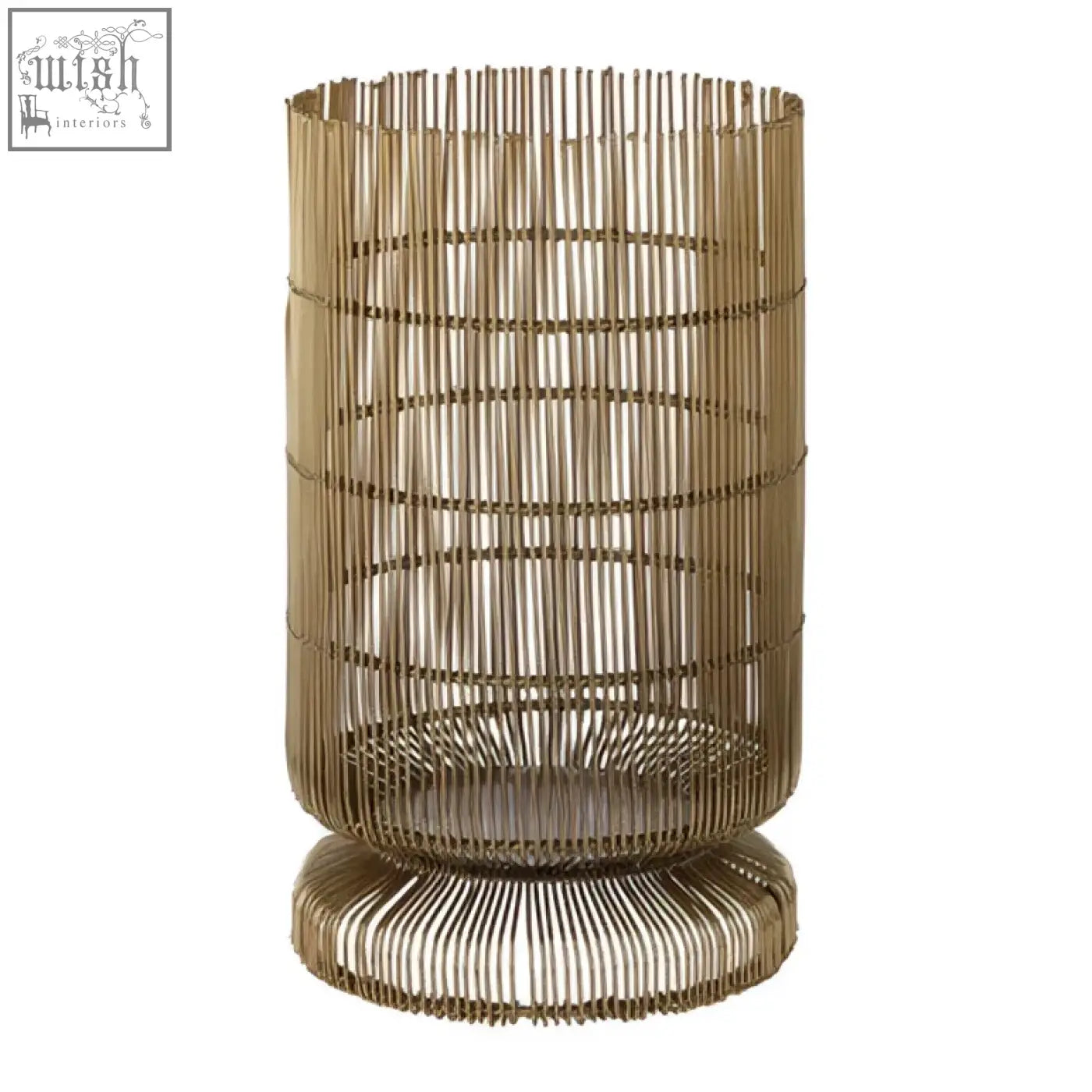 Gold-toned metal cylindrical wire candle holder with woven wire design and fluted base for stylish candle display