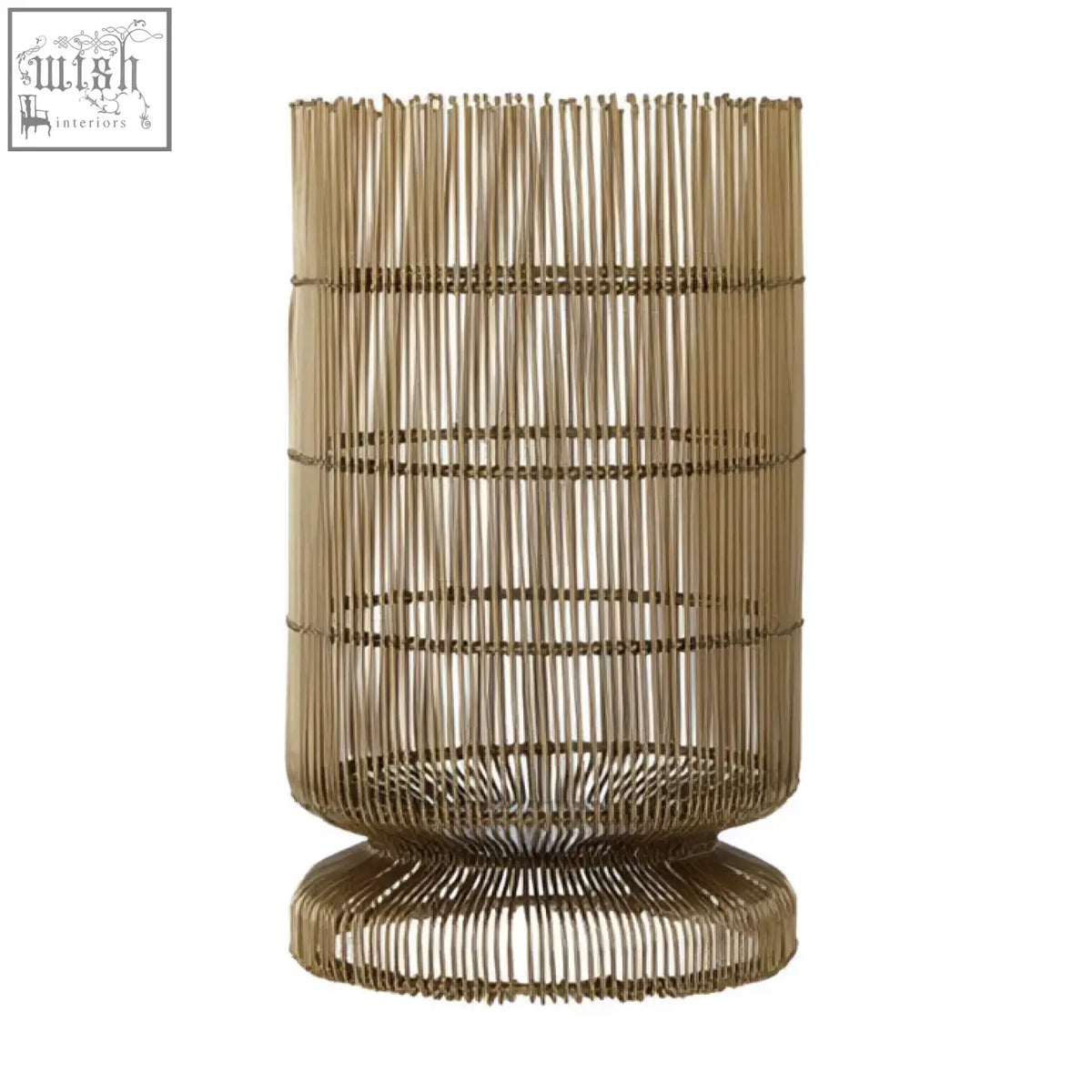 Gold-toned wire candle holder with woven basket-like design and flared base perfect for wire candle display