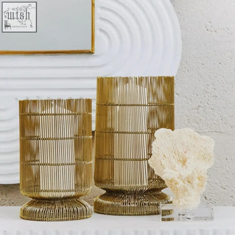 Gold-toned martina large wire candle holder with cylindrical shape and woven mesh design perfect for wire candle use