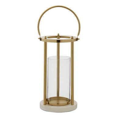 Gold-toned medium hurricane lamp with clear glass cylinder and circular handle for elegant indoor lighting