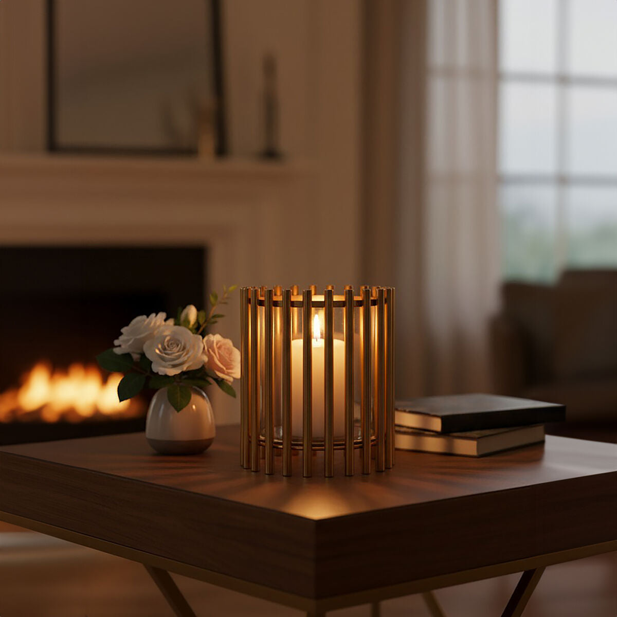 Gold-toned cylindrical small candle holder with vertical slats holding a lit white small candle for decor use
