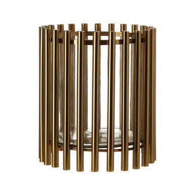 Martina small candle holder with gold-toned vertical metal rods and clear glass interior perfect for small candles
